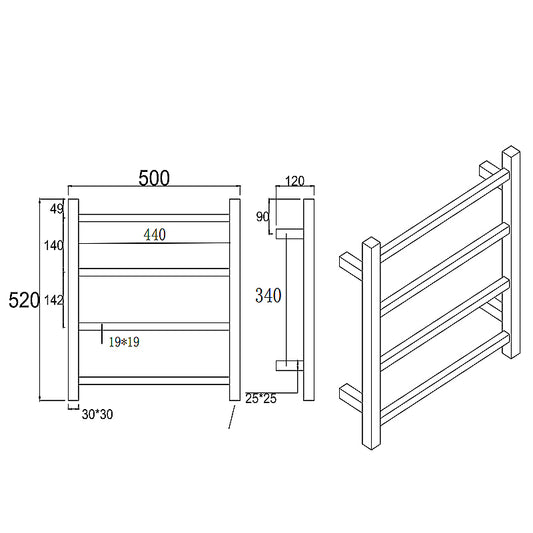 Square Black Electric Heated Towel Rack 4 Bars
