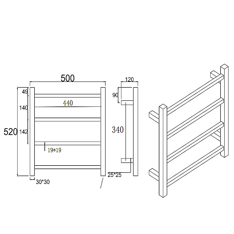 Square Chrome Electric Heated Towel Rack 4 Bars