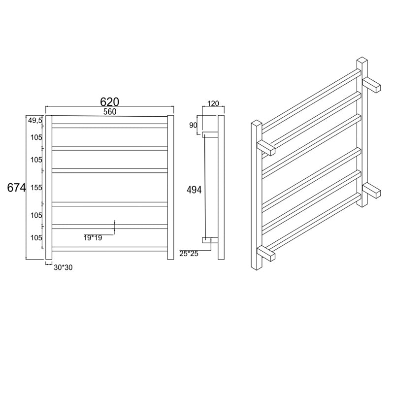 Square Brushed Brass Electric Heated Towel Rack 6 Bars