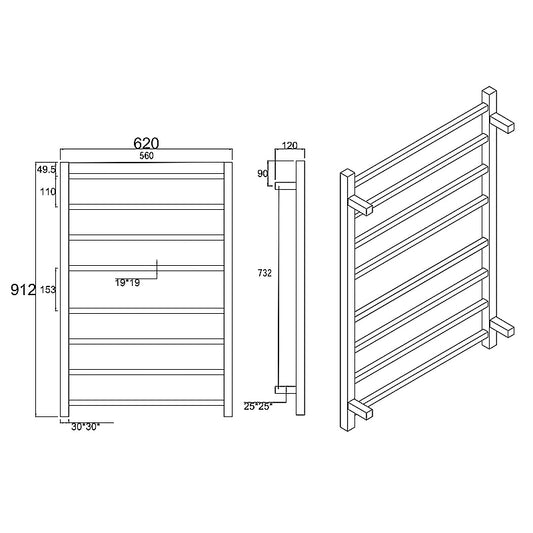 Square Black Electric Heated Towel Rack 8 Bars