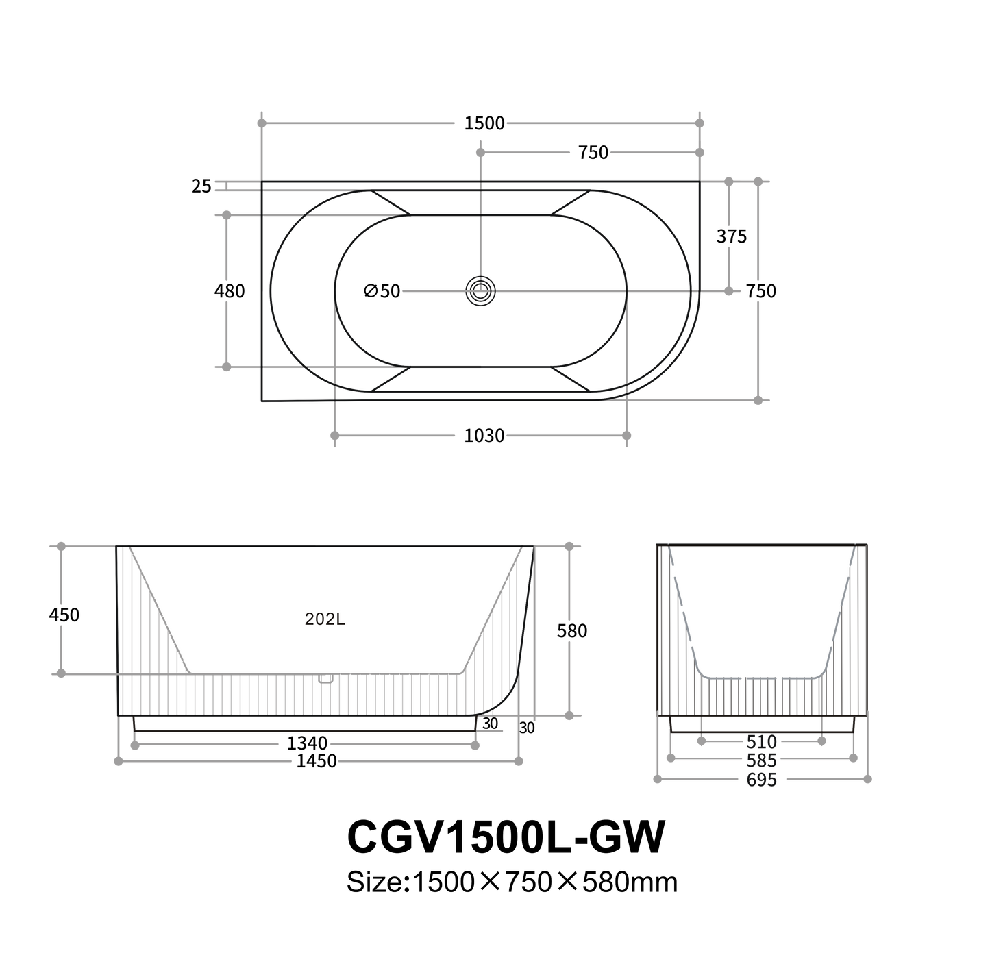 1500mm Capri Fluted Oval Freestanding Left Corner Bathtub - No Overflow - Matte Black