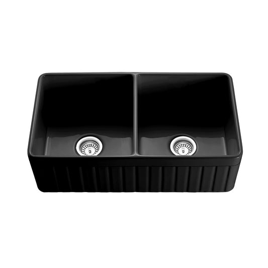 828mm Greenwich Fireclay Farmhouse Double Sink - Fluted & Flat Reversible - Matte Black