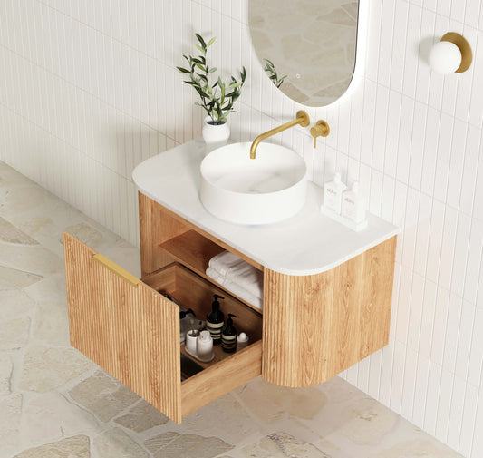 Bondi Fluted 900mm Woodland Oak Curve Cabinet Only