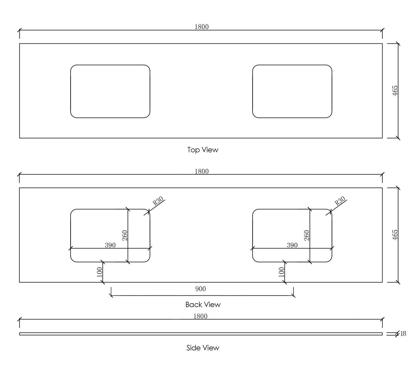 Natural Carrara Marble 1800x465x18 Top with Double Undermount Basins