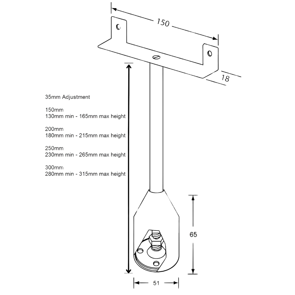 111 Series Double Fix Foot Assembly – 150mm with 35mm Adjustment SS