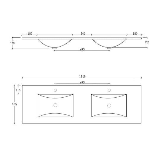 Slim Line Ceramic Top Double Bowl 1500x460x170 with Taphole & Overflow