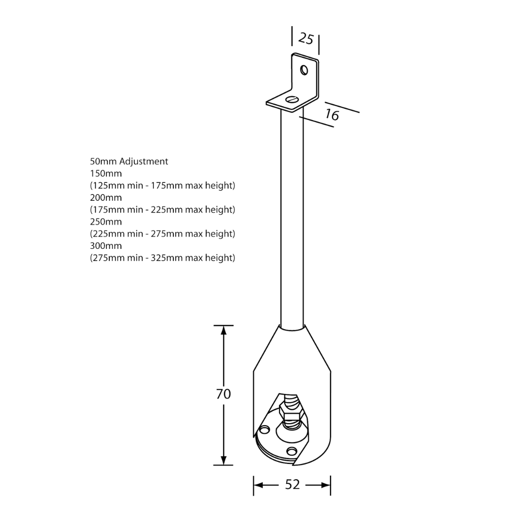 112 Series Single Fix Foot Assembly – 300mm with 35mm Adjustment SS