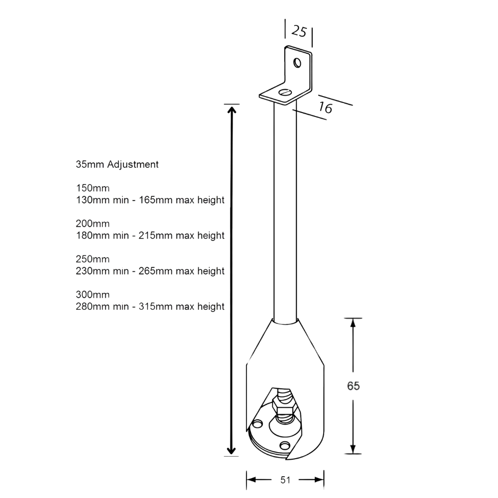 112 Series Single Fix Foot Assembly – 150mm with 35mm Adjustment SS