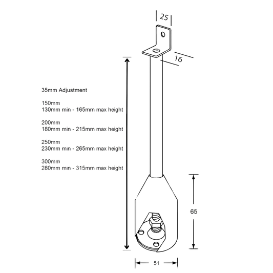 112 Series Single Fix Foot Assembly – 150mm with 35mm Adjustment SS
