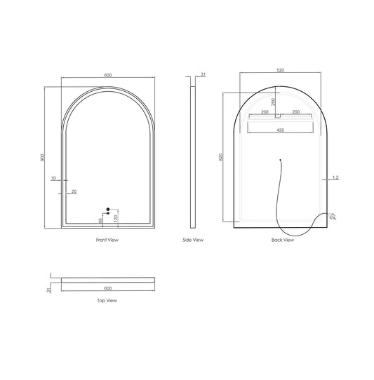 LED Archie 900x600 Black Metal Frame Mirror