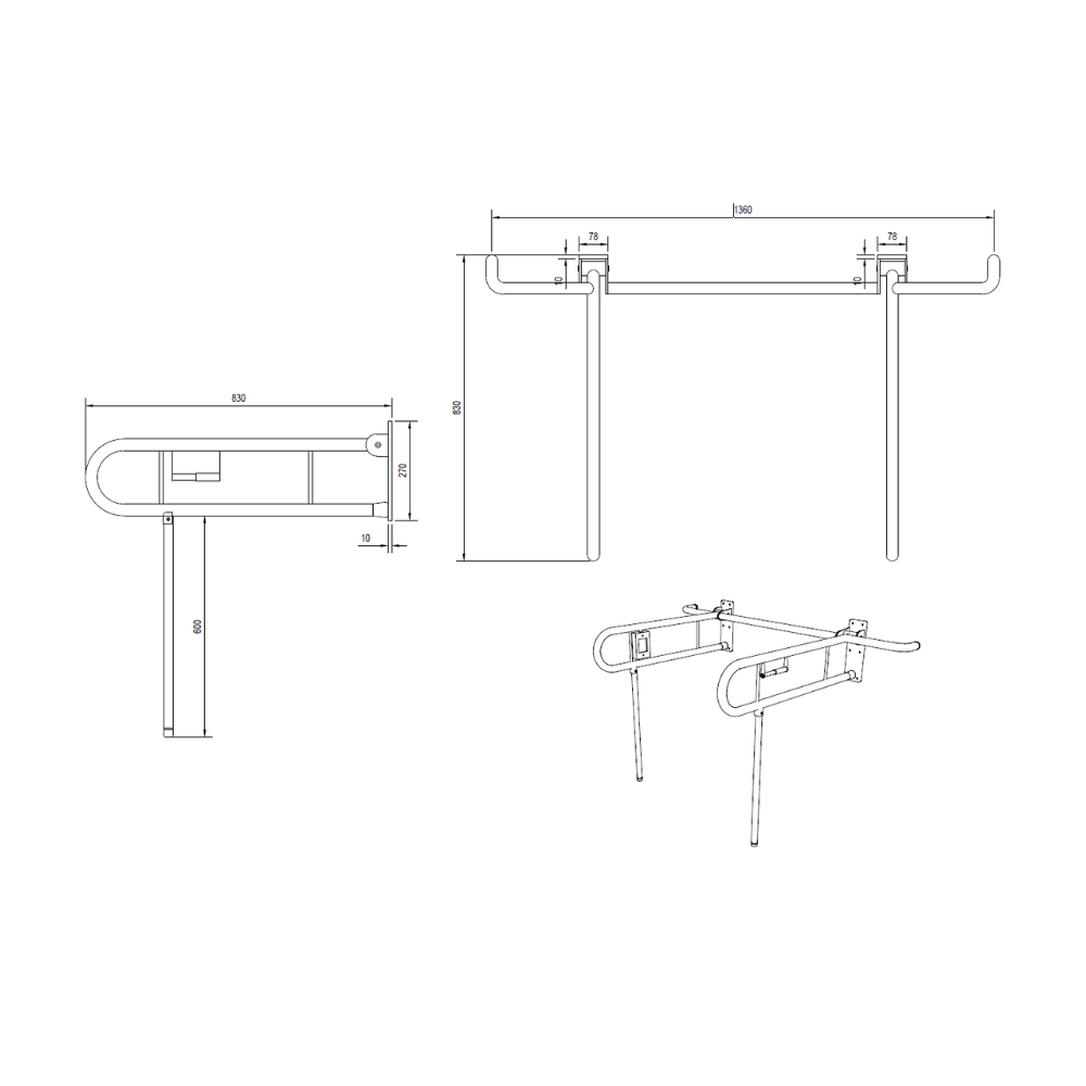 Bariatric Twin Drop Down Grab Rails. Left-Hand Drop Down Rail contains a Toilet Roll Holder and Right-Hand Drop Down Rail contains a Nurse Call in Satin Stainless Steel * Special Order Product