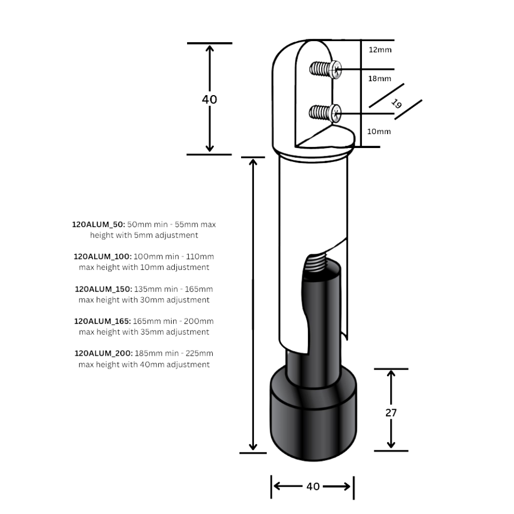 120 Series Aluminium Heavy Duty Leg – 200mm with 40mm Adjustment
