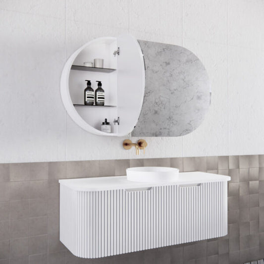 1200mm Matt white Matt white Oval shape 3 Doors shaving cabinet with 6 adjustable glass shelves, whloe body is made by plywood - 1200 x 700 x 140
