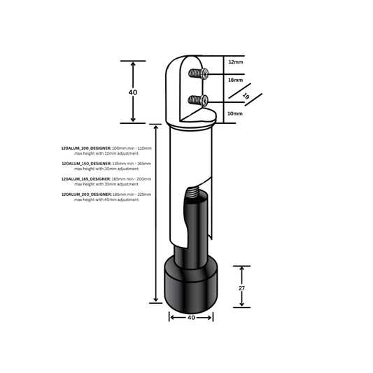 120 Designer Series Aluminium Heavy Duty Leg – 165mm with 40mm Adjustment Finish: Designer Black