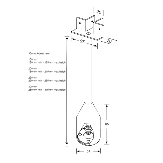 122 Series “T” Piece Foot Assembly – 200mm with 35mm Adjustment