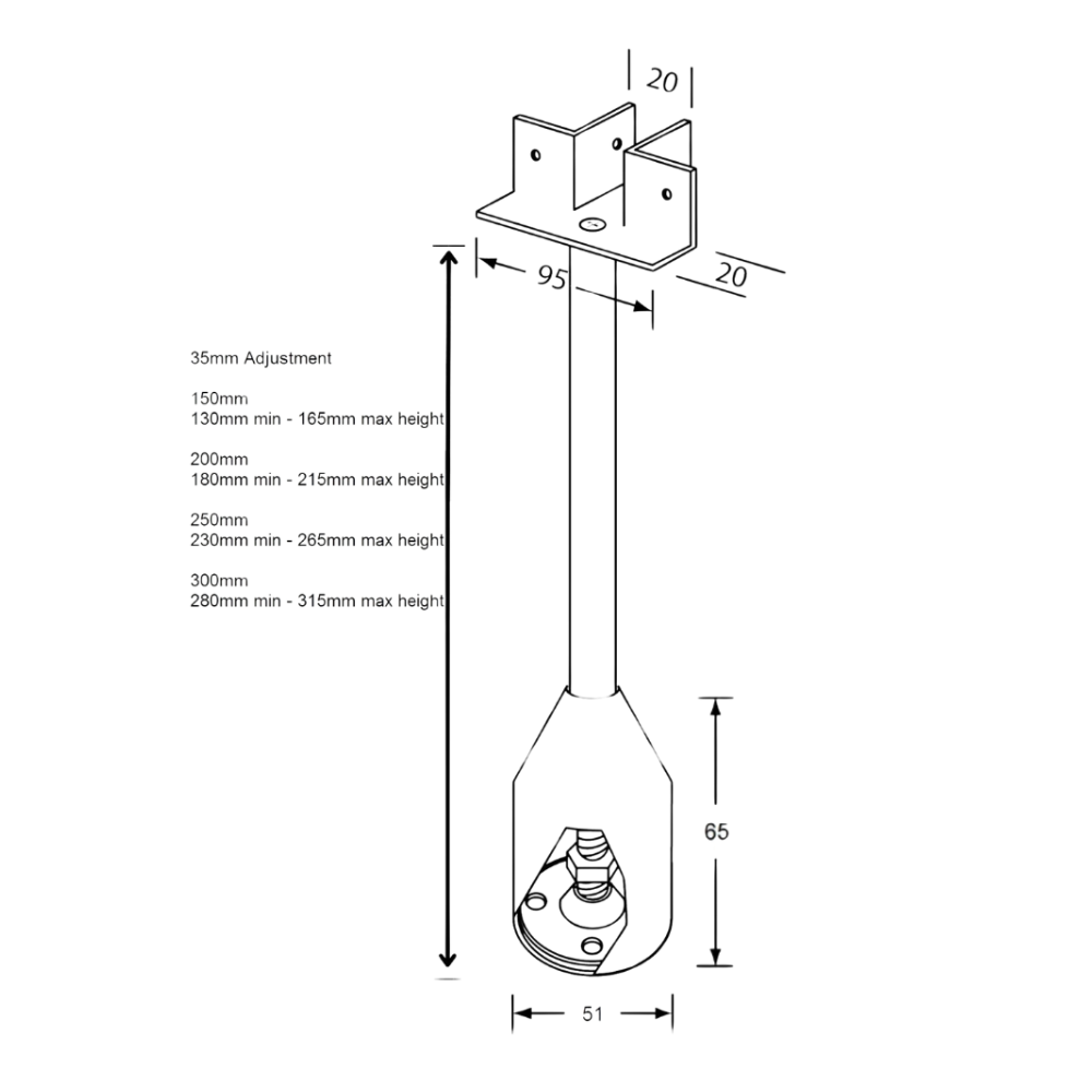 122 Series “T” Piece Foot Assembly – 250mm with 35mm Adjustment