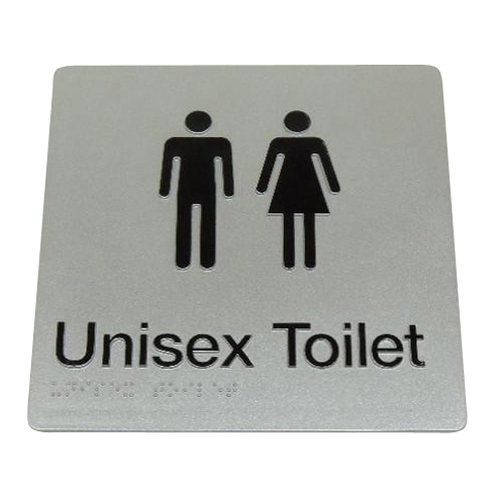 235mm Surface Mounted Unisex Toilet Braille Sign - 235 x 180 x 3 - Silver