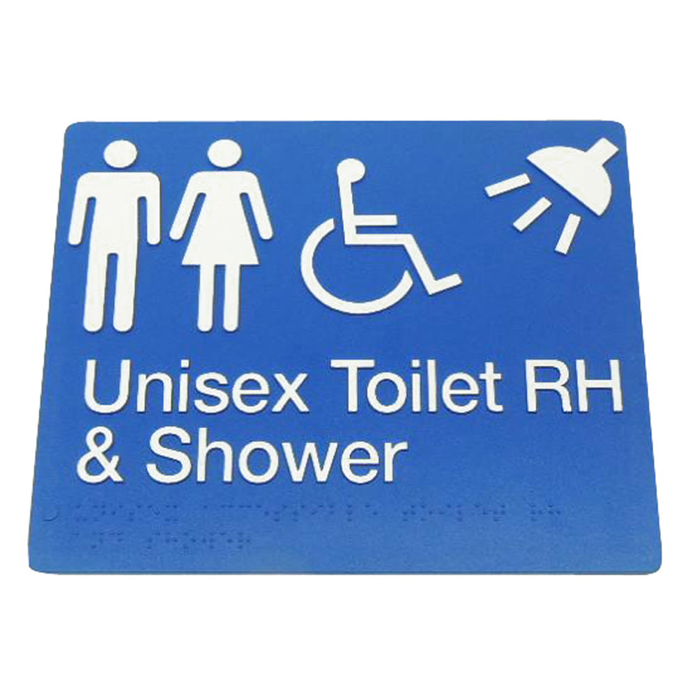 235mm Surface Mounted Unisex Toilet Shower Right Hand Braille Sign - 235 x 180 x 3 - Blue