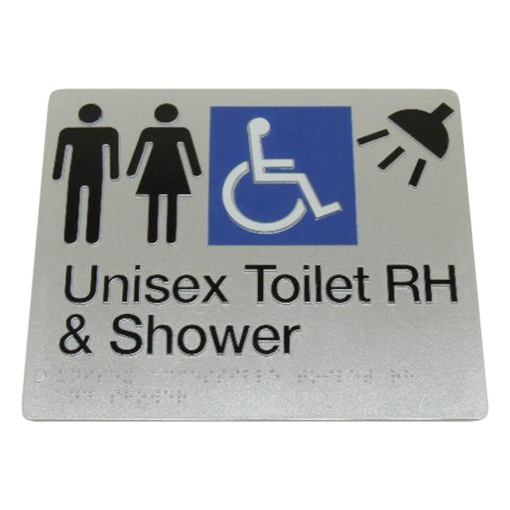 235mm Surface Mounted Unisex Toilet Shower Right Hand Braille Sign - 235 x 180 x 3 - Silver