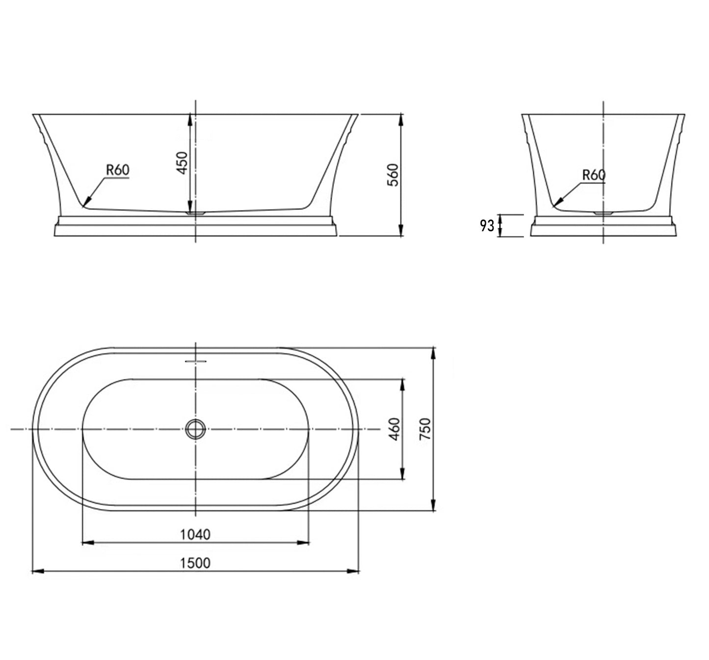 Hampton 1500x750x560 Gloss White Bathtub with Overflow