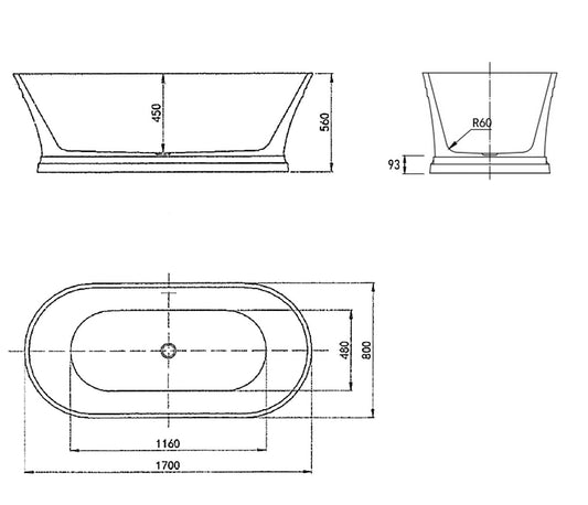 Hampton 1700x800x560 Gloss White Bathtub with Overflow