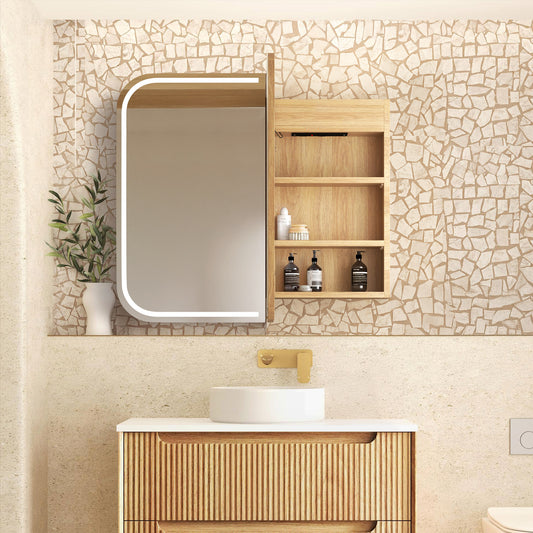 LED Newport 900x750 Natural Oak Shaving Cabinet - Premium Edition