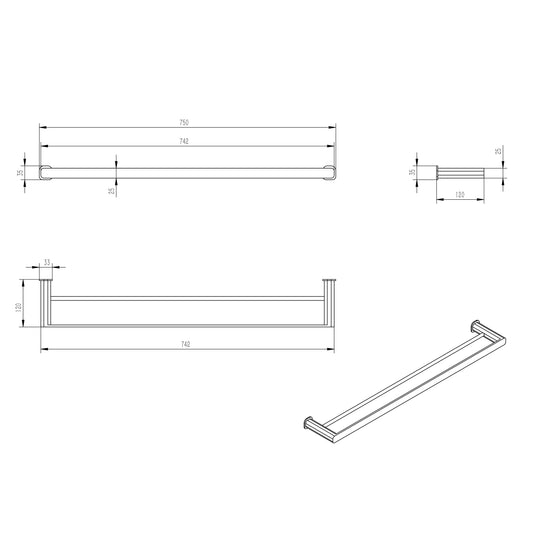 Oskar 750mm Matte Black Double Towel Rail