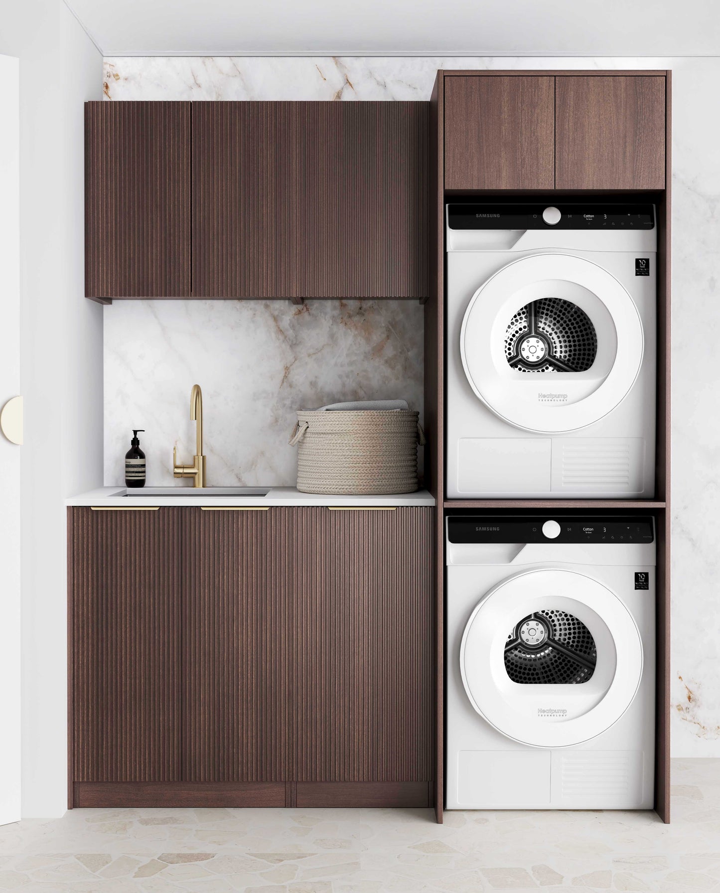 Laundry Kit 1715A Havana Sable Walnut Fluted with Cloudy Carrara Top