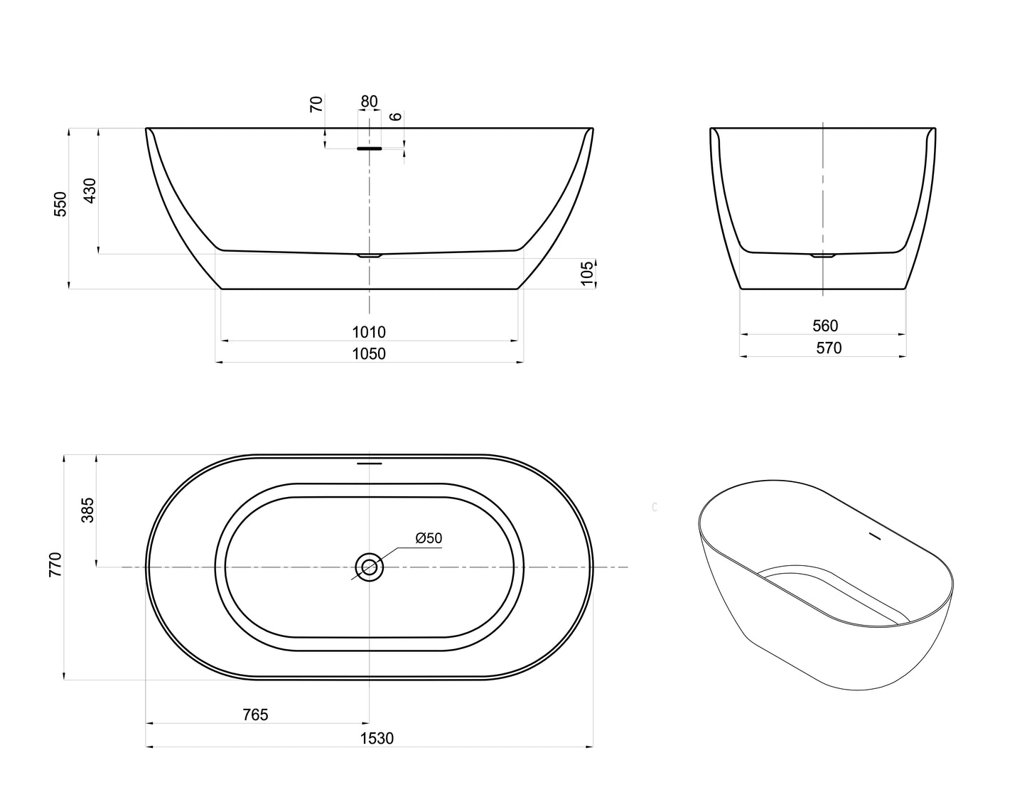 Attica Manolo 1530 Gloss White Freestanding Bath with Overflow