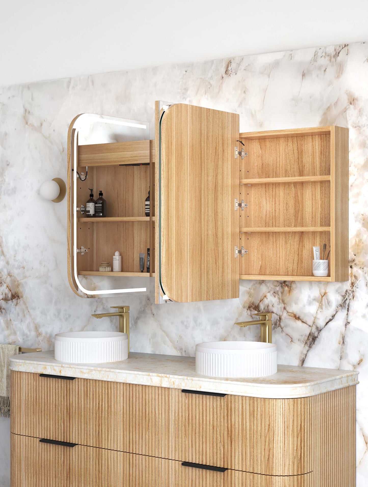 LED Newport 1500x750 Woodland Oak Shaving Cabinet - Premium Edition