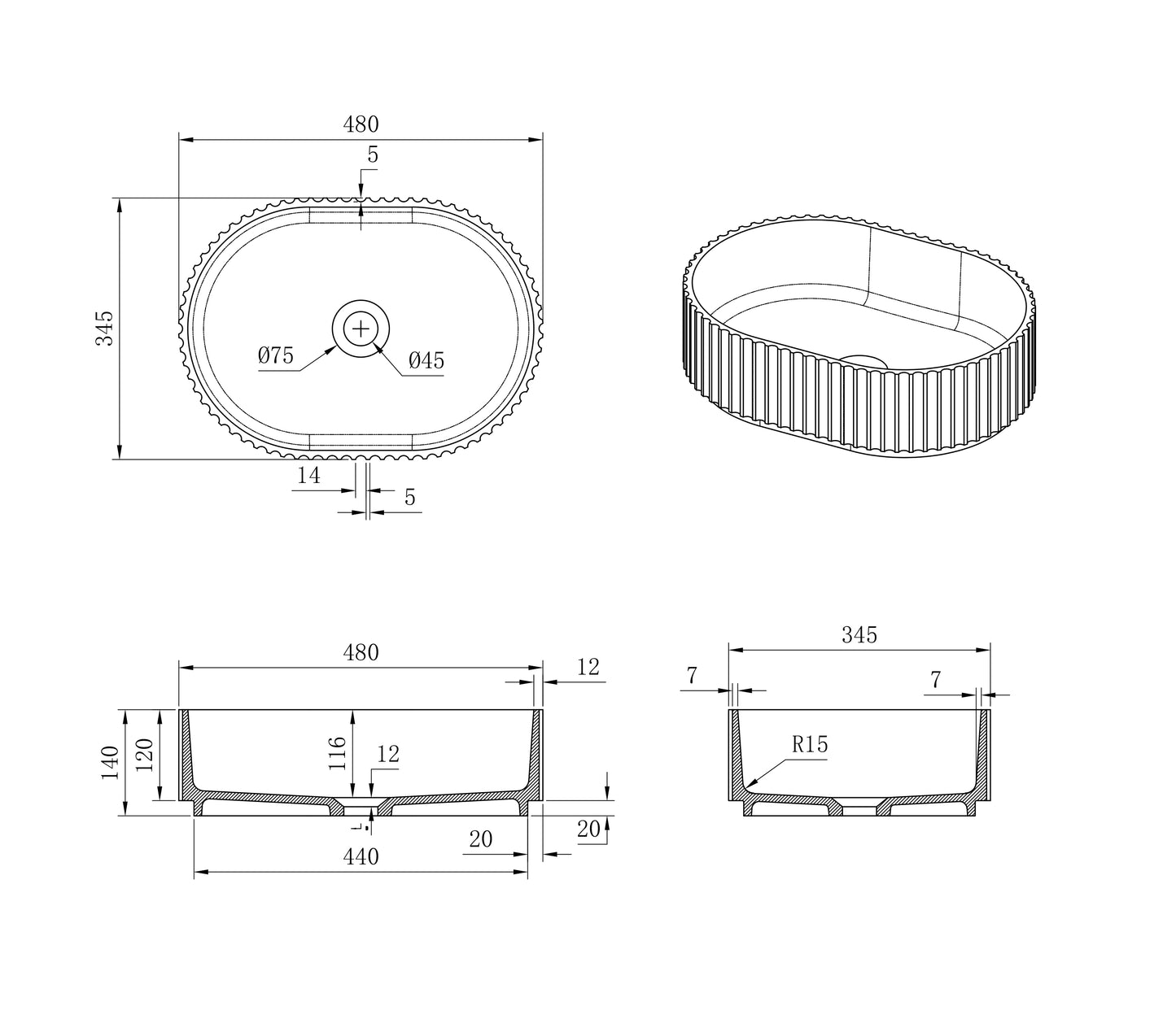 Celine Oval Fluted Solid Surface 480x345x140 Matte White Basin NF