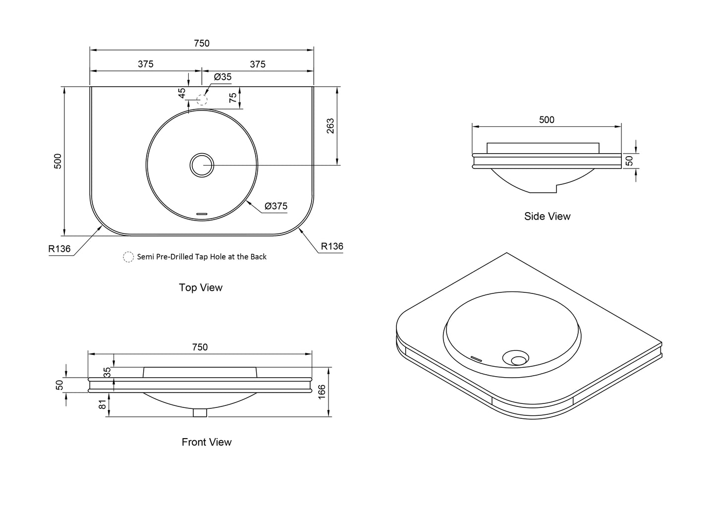 Havana English Edge 750x500x50 Matte White with Round Basin Top