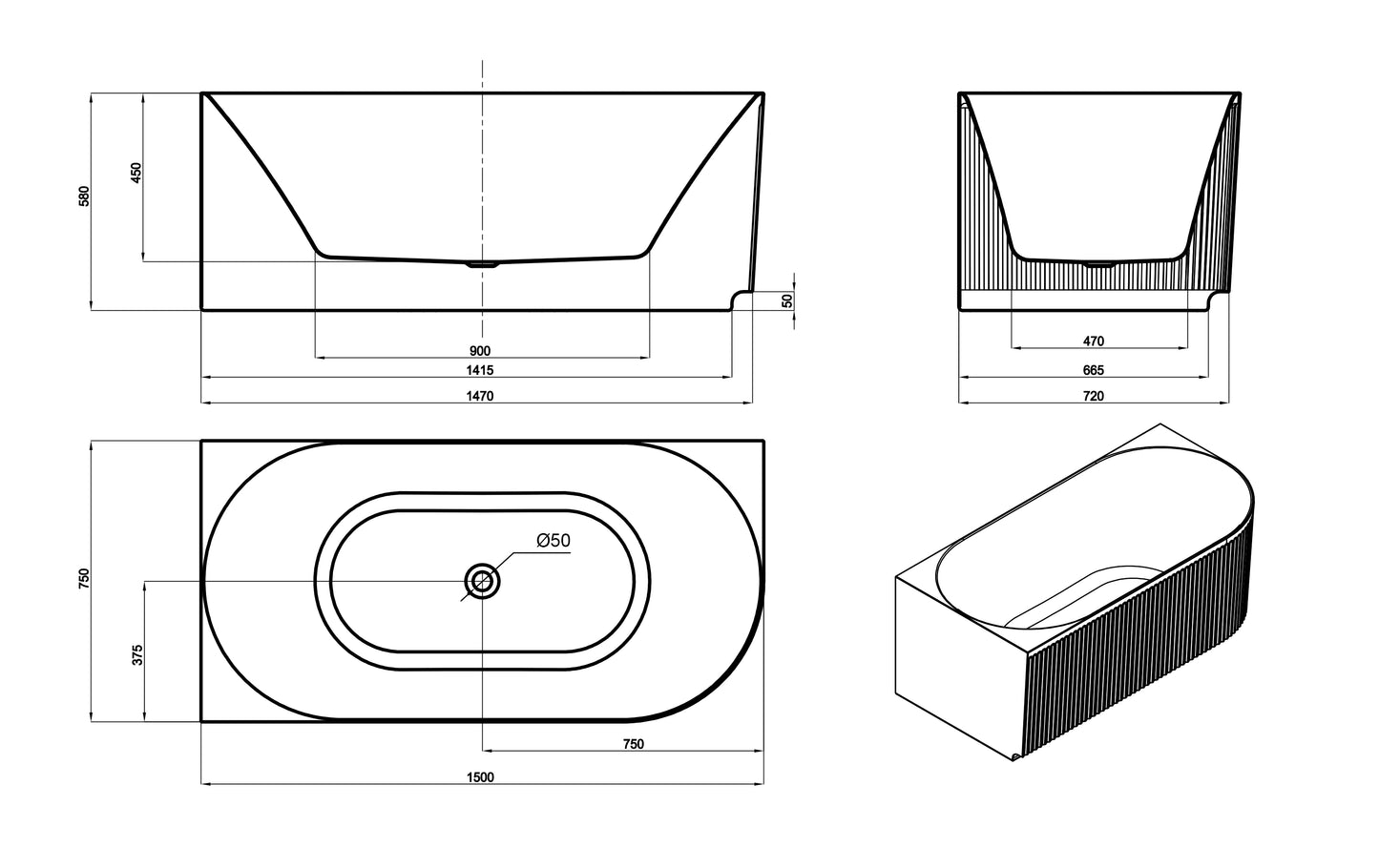 Attica Havana 1700 Matte White Left Corner Bath with Overflow