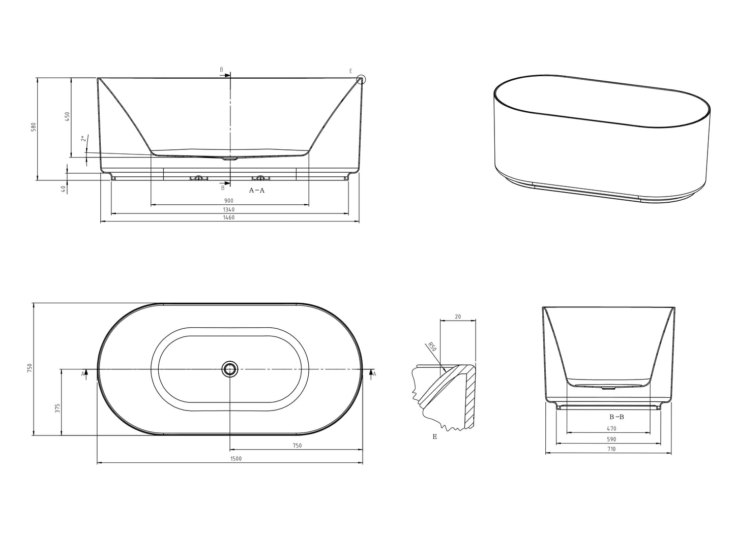 Attica Celine 1500 Matte White Freestanding Bath with Overflow