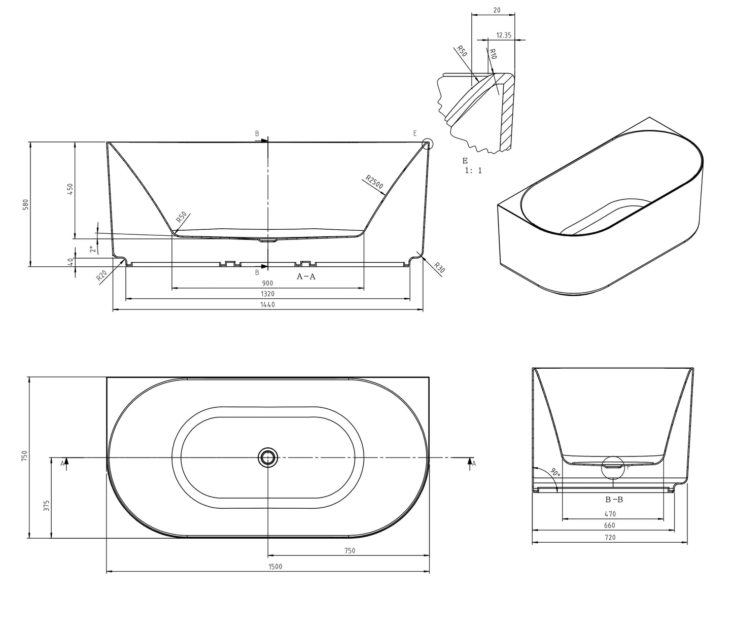 Attica Celine 1500 Matte White Back To Wall Bath with Overflow