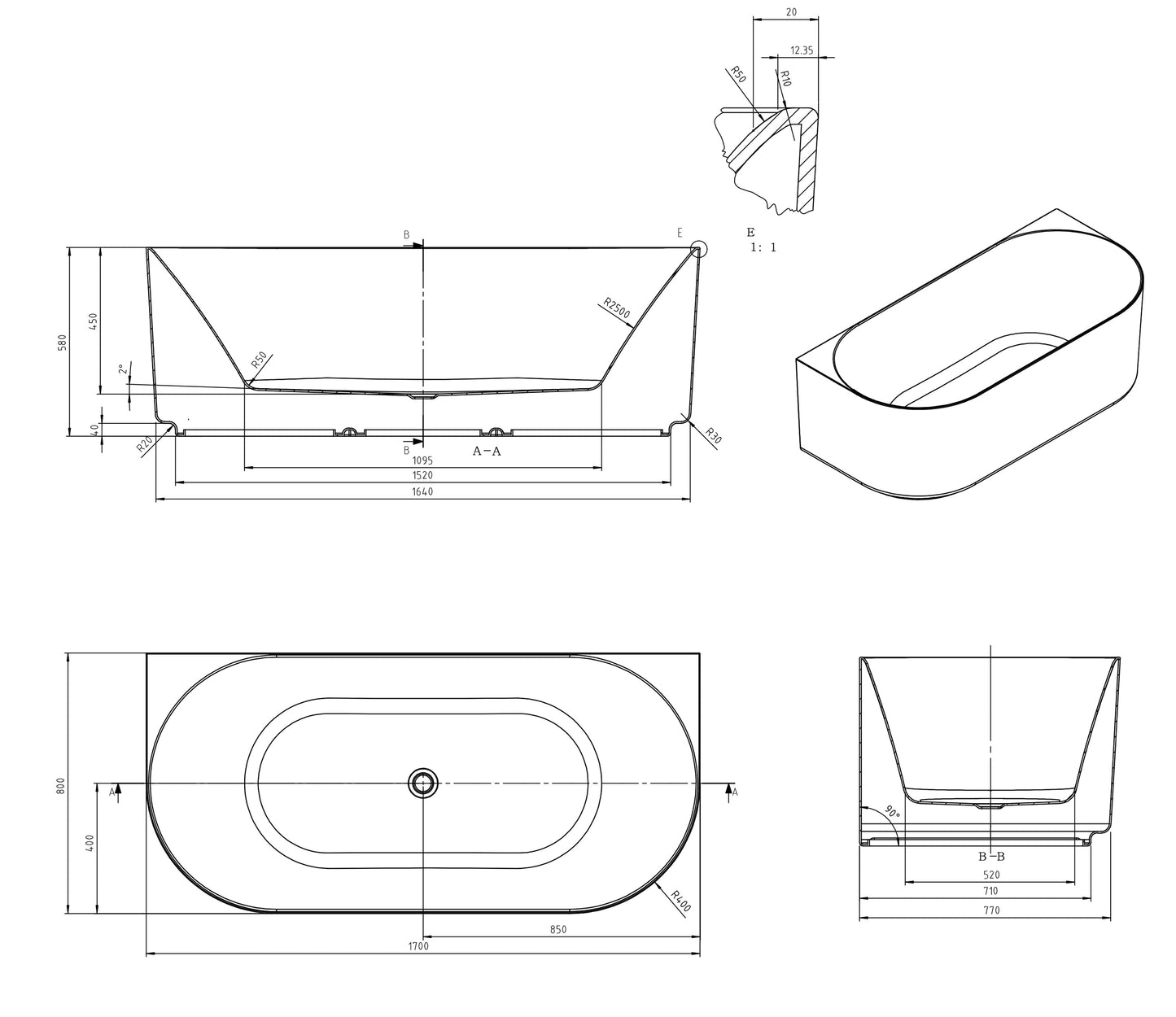 Attica Celine 1700 Gloss White Back To Wall Bath with Overflow