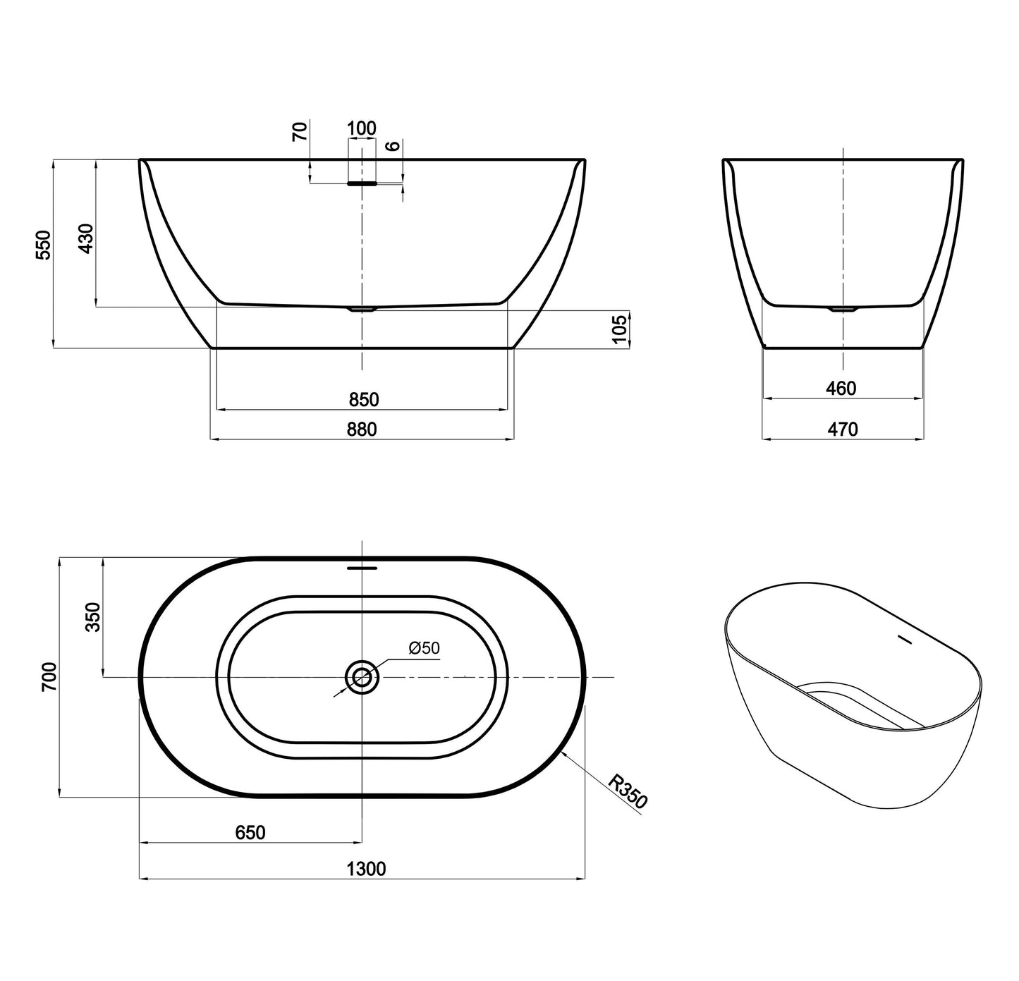 Attica Manolo 1300 Gloss White Freestanding Bath with Overflow