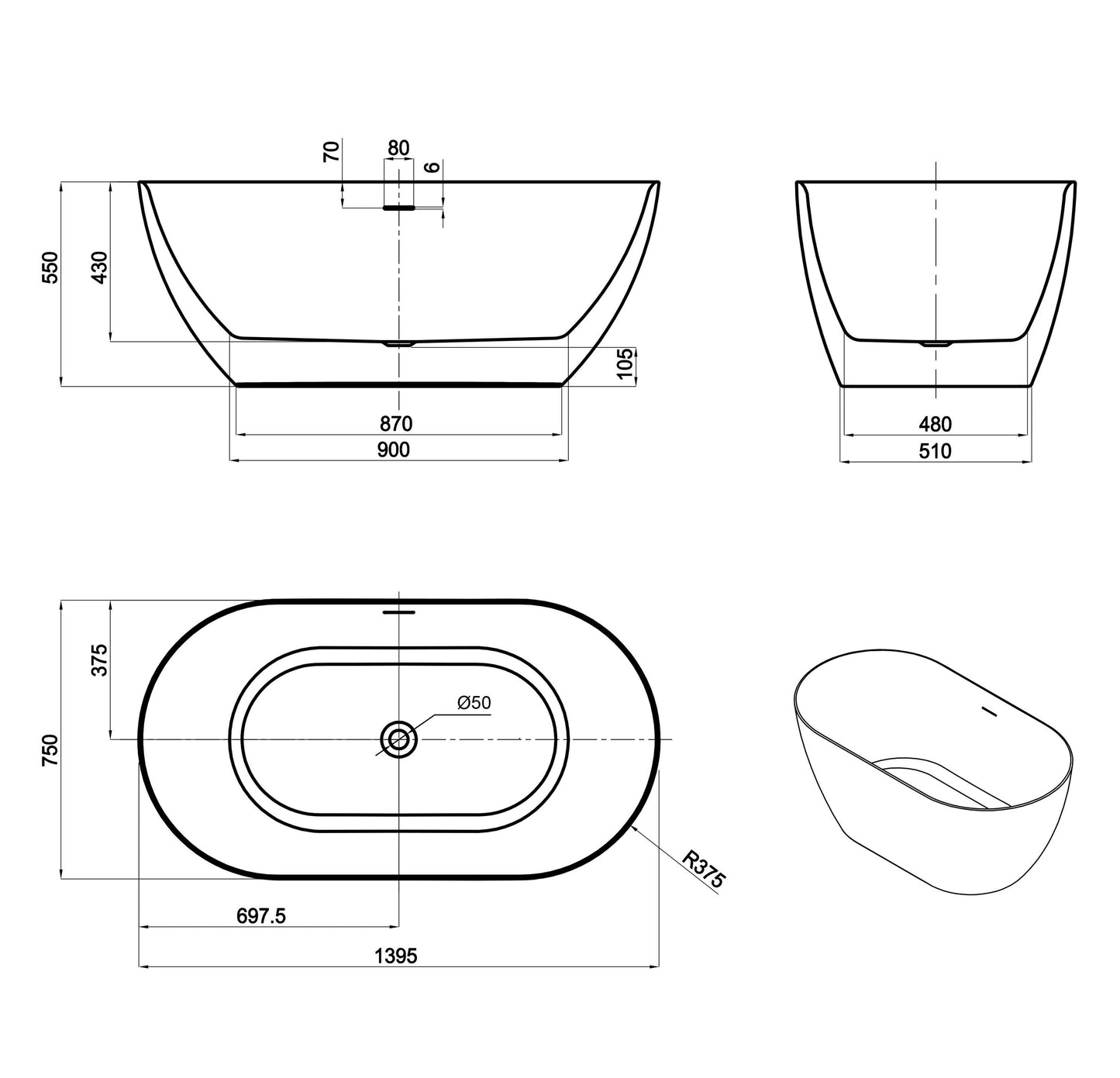 Attica Manolo 1400 Gloss White Freestanding Bath with Overflow