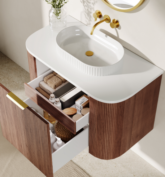 600mm Artis Curved Wall Hung Vanity PVC - Single Drawer Cabinet Only - Prime Oak