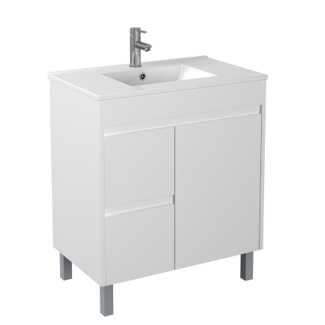 White PVC Freestanding Vanity With Ceramic Top - Right Hand Drawer - 750mm