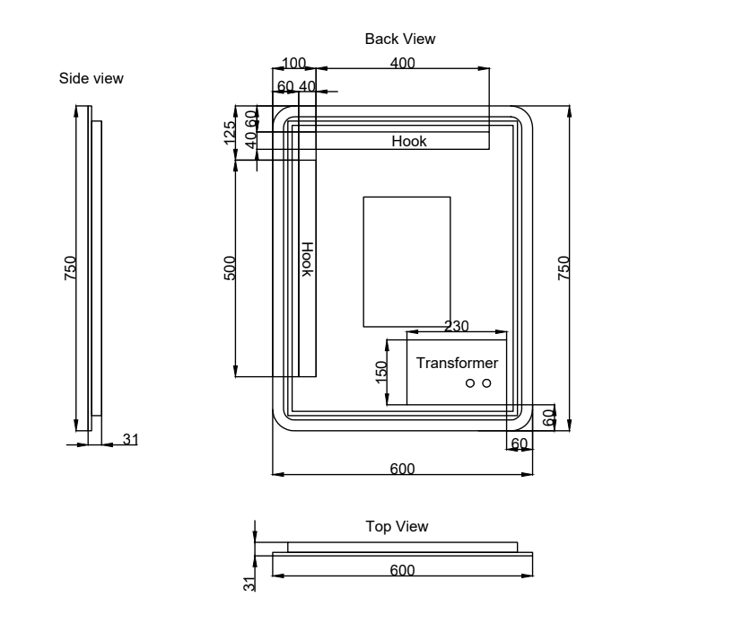 750mm Gold Framed LED Mirror - 750*600*45