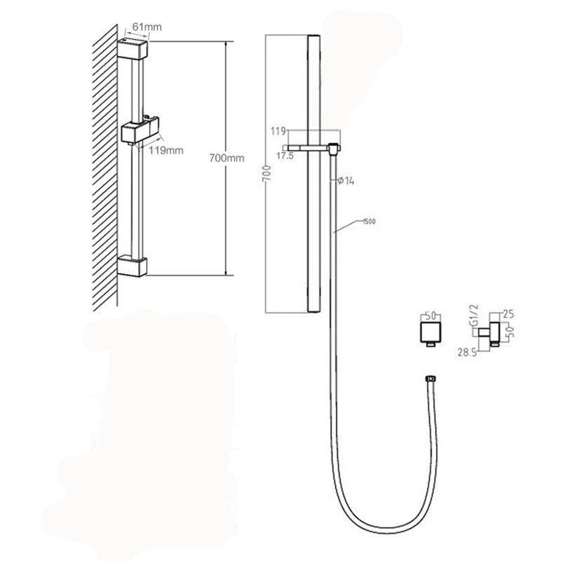 Square Chrome Hand Shower Rail without Handheld Shower(Stainless Steel Hose)