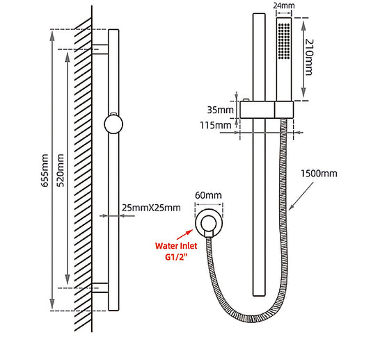 Round Black Stainless Steel Rail with Handheld Shower,Fixed Wall Connector Set