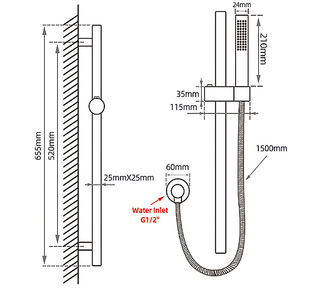 Round Black Stainless Steel Rail with Handheld Shower,Fixed Wall Connector Set