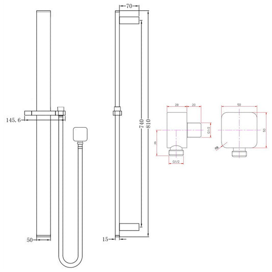 Square Chrome Sliding Shower Rail without Handheld Shower(PVC Hose)