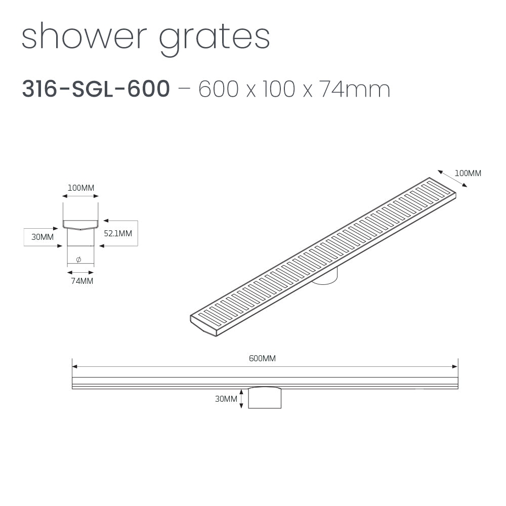 Radiant Slotted Linear Shower Grate - 600 mm length + 74mm outlet - Gunmetal Grey
