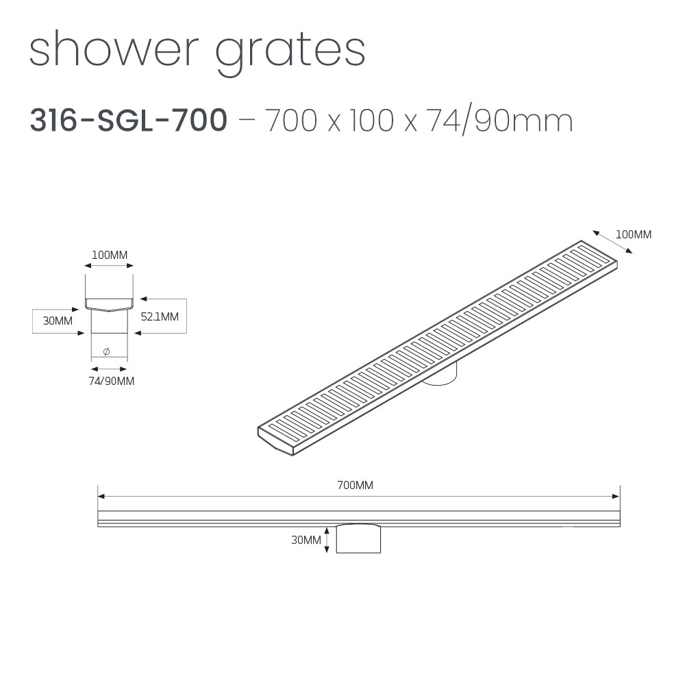 Radiant Slotted Linear Shower Grate - 700 mm length + 74mm outlet - WARM Brushed Nickel