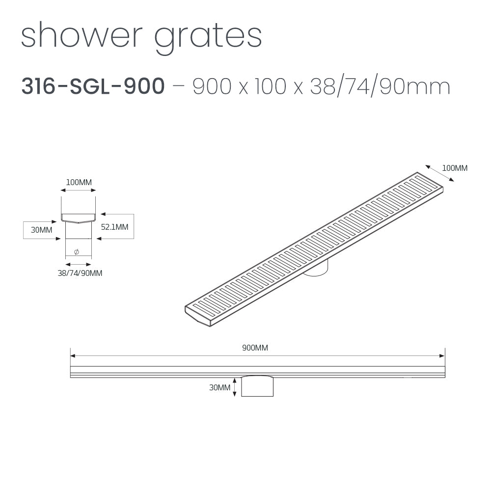 Radiant Slotted Linear Shower Grate - 900 mm length + 38mm outlet - Brushed Satin