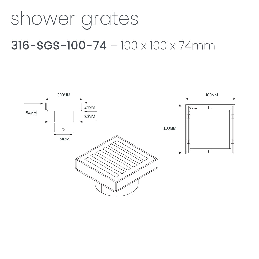 Radiant Slotted Square Shower Grate - 100 mm + 74mm outlet - Brushed Gold
