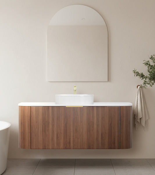1200mm Artis Curved Wall Hung Vanity PVC - Single Drawer Cabinet Only - Single Bowl - Wallnut